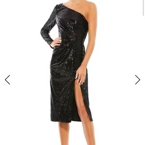 Mac Duggal Black One-Shoulder Sequin Midi Dress with Side Slit